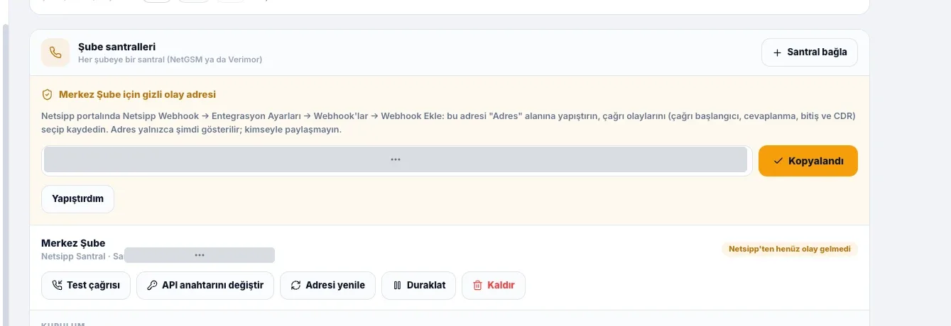 ari adisyon Şube santralleri: Netsipp için gizli olay adresi kutusu, Kopyala ve Yapıştırdım düğmeleri