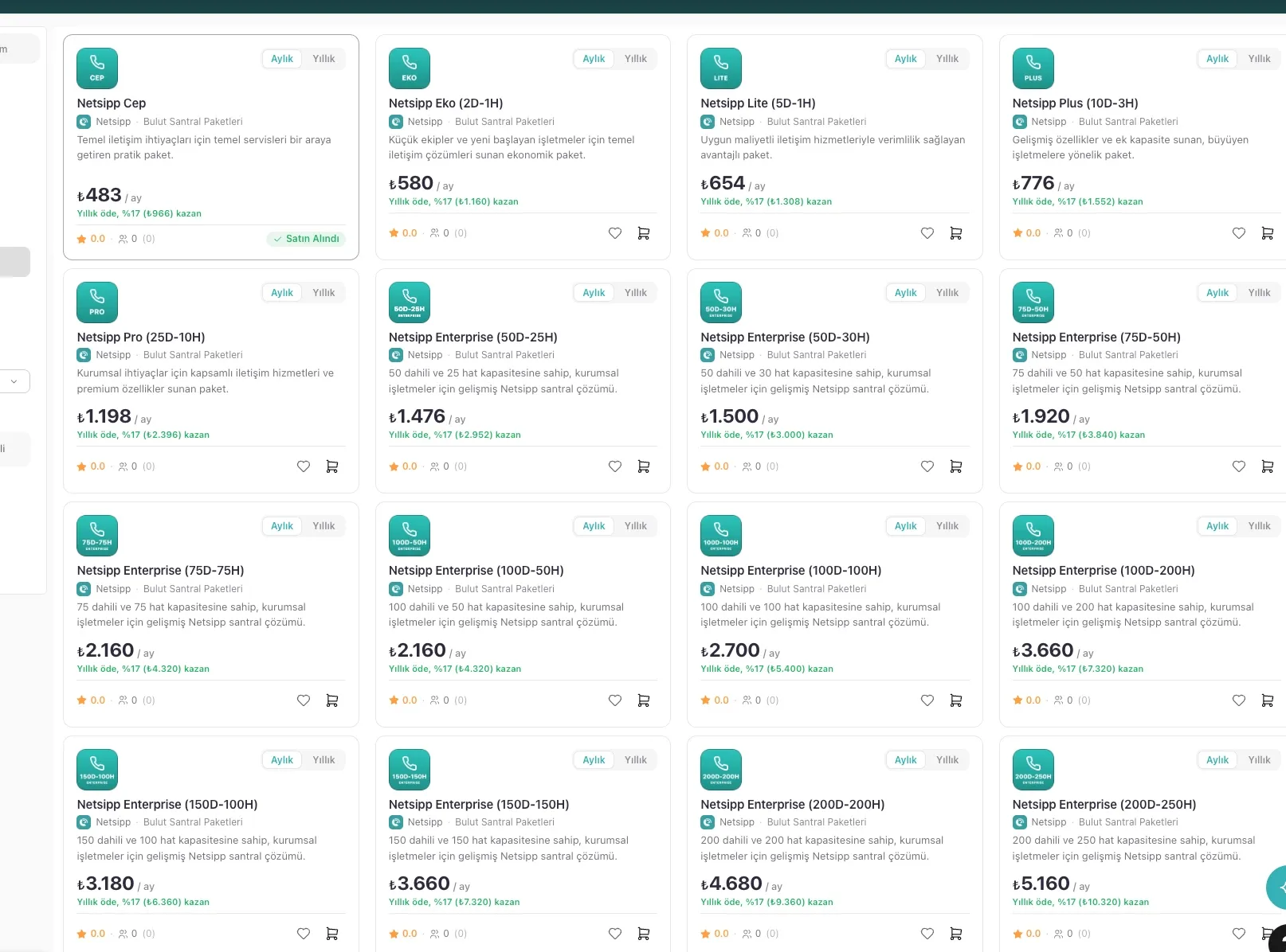 Netsipp Ürün Mağazası: Cep, Eko, Lite, Plus ve Pro bulut santral paketleri ve aylık fiyatları
